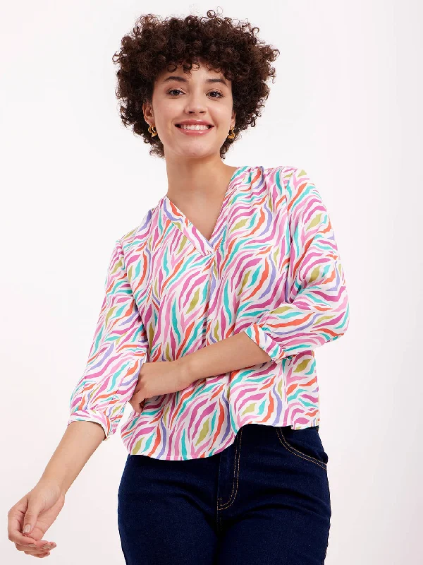 Trendy Looks On Sale Abstract Print V Neck Top - Multicolour