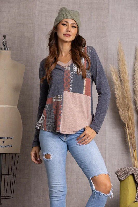 Stock Up And Save Before The Sale Ends CHARCOAL PATCH PRINT V-NECK TOP TC12505