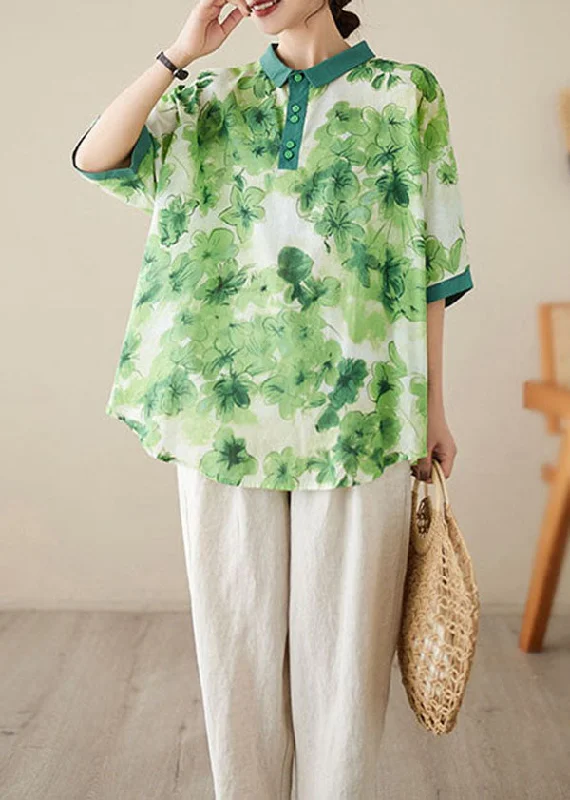 Upgrade Your Wardrobe For Less Green Print Patchwork Cotton Shirt Top Peter Pan Collar Summer Upgrade Your Wardrobe For Less Green Print Patchwork Cotton Shirt Top Peter Pan Collar Summer