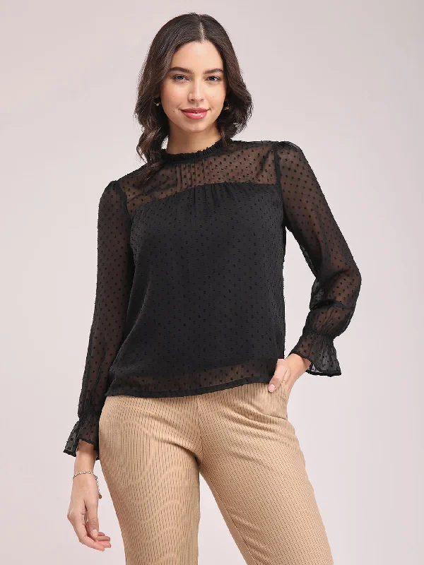 Timeless Elegance Redefined Chiffon Ruffle Neck Top - Black