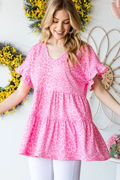 Stylish Savings Heimish Full Size Leopard Ruffle Trim Short Sleeve Top