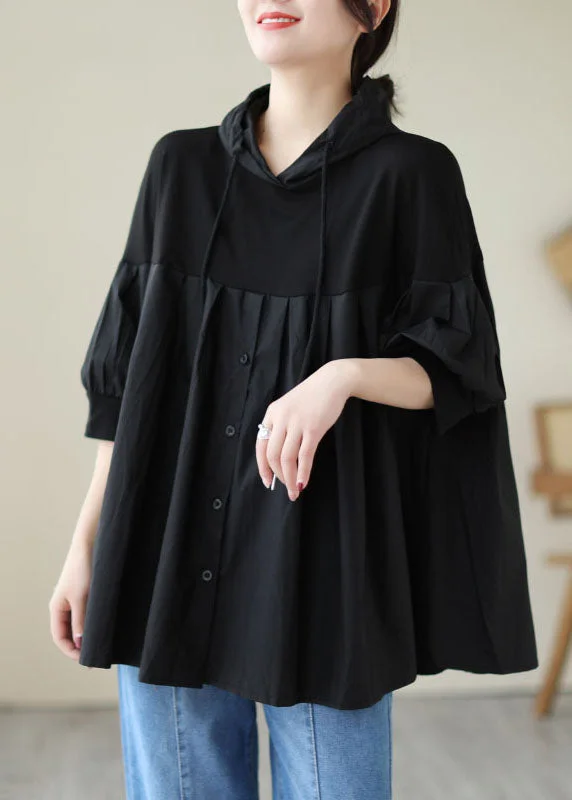 Luxury Fashion Casual Black Hooded Wrinkled Patchwork Cotton T Shirt Top Summer