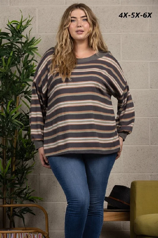 Seasonal Clearance GREY STRIPES RIB STITCH CONTRAST PLUS SIZE TOP-TP1948X