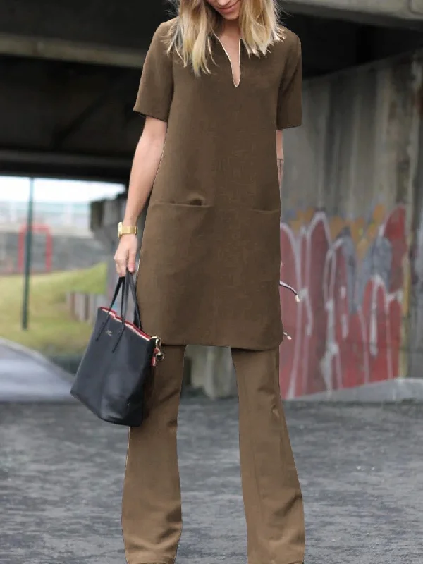 Chic Styles Loose Casual V-neck Short Sleeve Top Trousers Suit