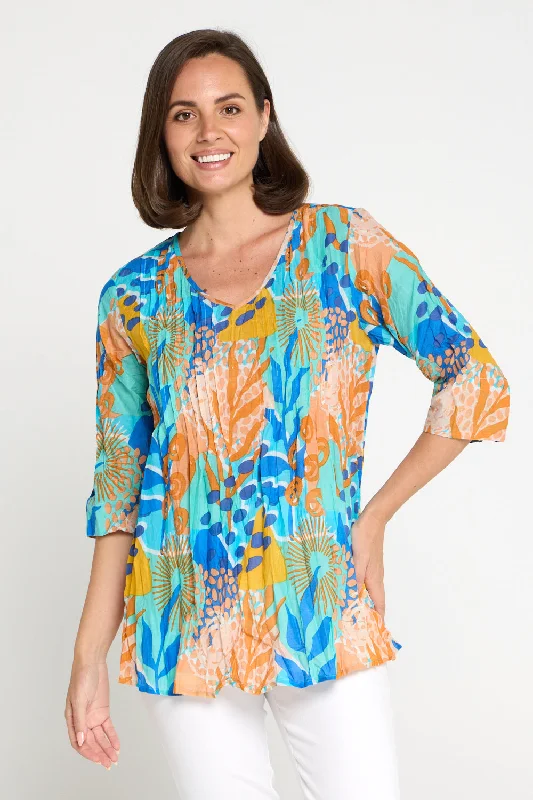 Urban Fashion Tina V Neck Pleated Cotton Top - Orange/Blue Pop
