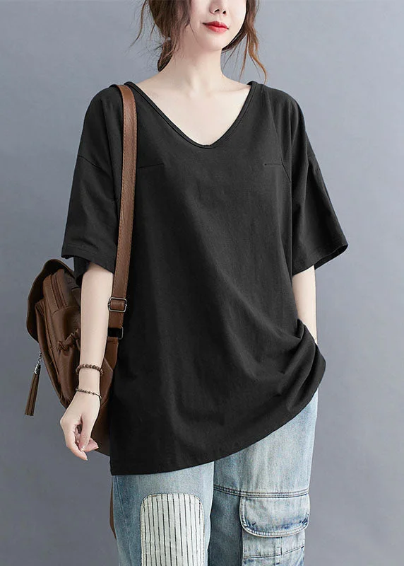 Statement Fashion Offers Casual Black V Neck Patchwork Cotton T Shirt Tops Summer