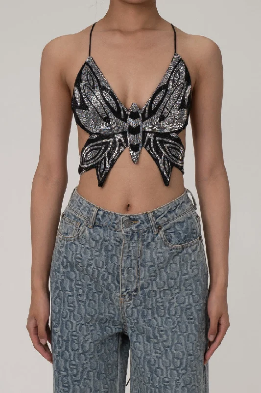 Limited-Time Sale – Grab It Before It'S Gone Sparkly Contrast Rhinestone Butterfly Lace Up Back Cropped Party Top