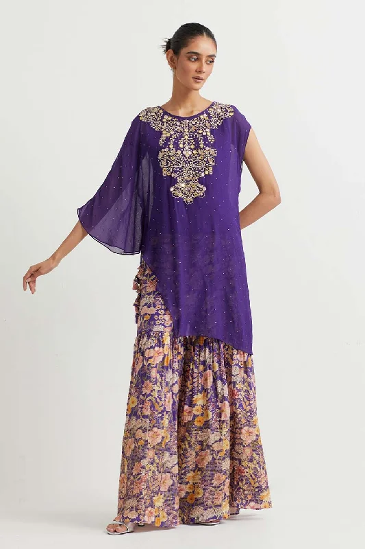 Special Savings Just For You Purple Embroidered Top & Printed Sharara Set