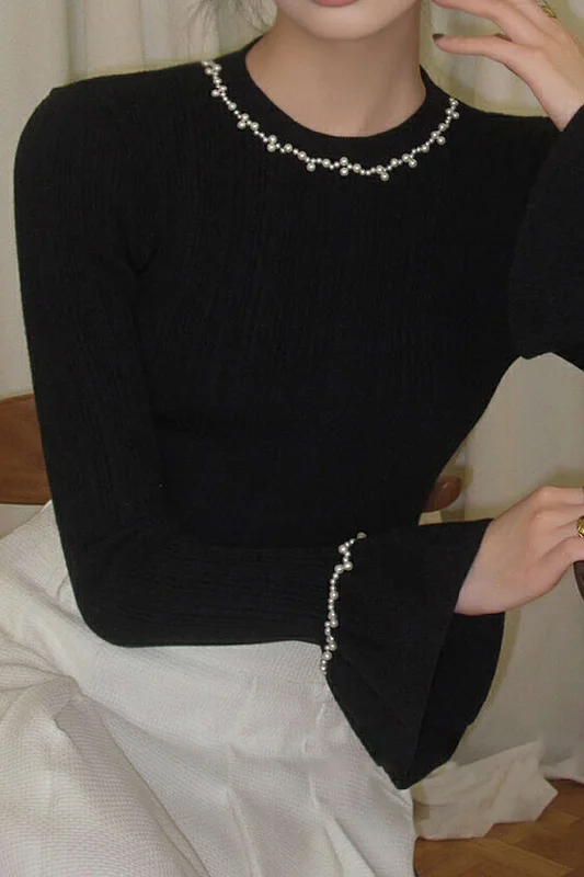 Boutique Styles Beaded Round Neck Long-Sleeve Top
