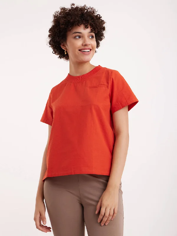 Your Exclusive Discount Awaits Linen Round Neck Top - Burnt Orange