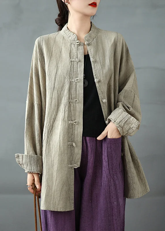 Stylish Statements Plus Size Khaki Oriental Button Cotton Shirt Top Spring
