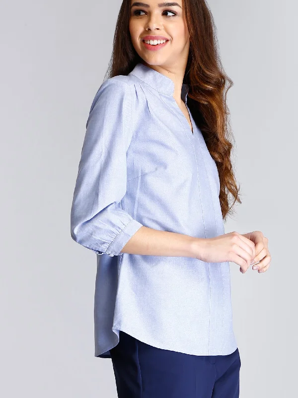 Chic Trend Collection Cotton Gather Detail Top - Light Blue