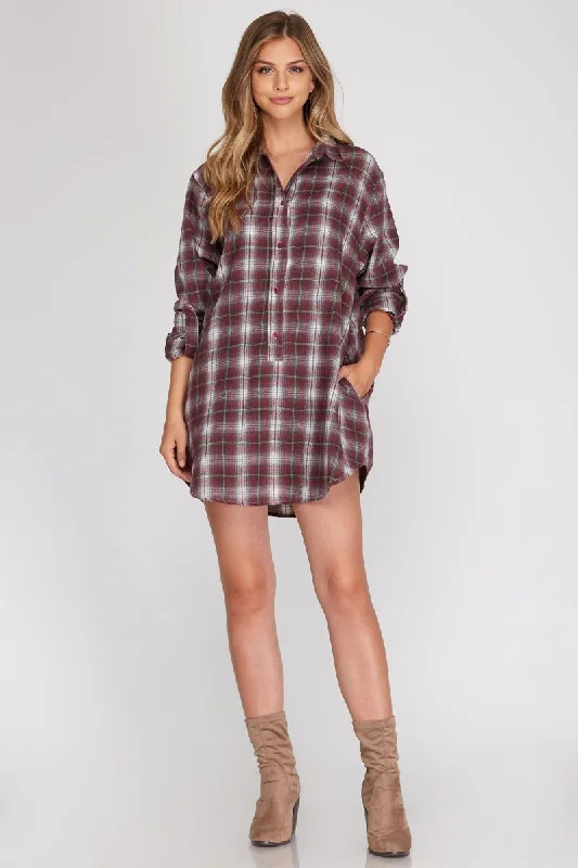 Your Exclusive Discount Awaits BURGUNDY CHECKERED ROLL-UP SLEEVES W/ POCKET TUNIC TOP S8SS8605 Your Exclusive Discount Awaits BURGUNDY CHECKERED ROLL-UP SLEEVES W/ POCKET TUNIC TOP S8SS8605