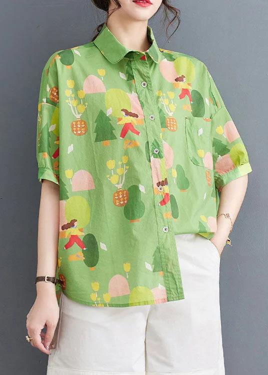 Fashion Essentials Chic Green Peter Pan Collar Print Patchwork Cotton Shirt Tops Summer Fashion Essentials Chic Green Peter Pan Collar Print Patchwork Cotton Shirt Tops Summer