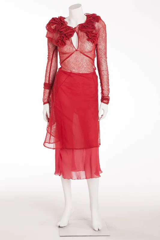Hot Sale Sonia Rykiel - 2PC Red Sheer Top with Roses and Skirt -