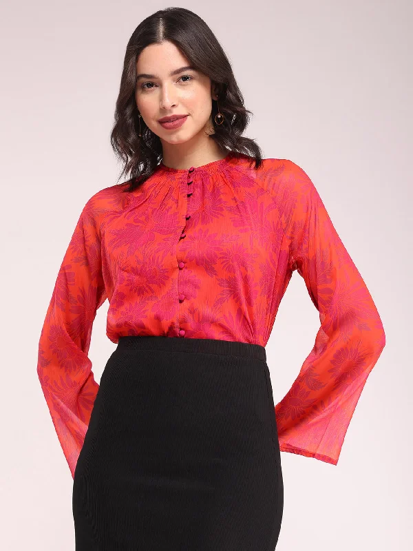 Shop Smart, Save More Before The Sale Ends Chiffon Round Neck Top - Orange