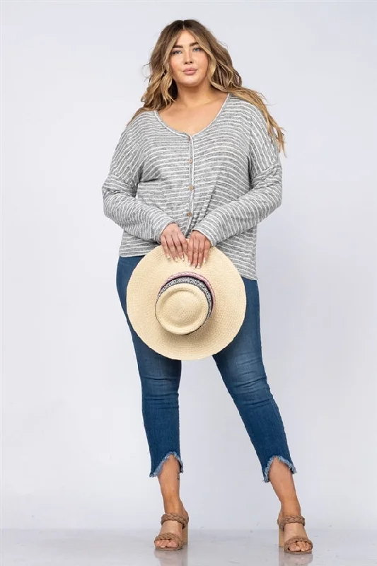 Limited Styles GREY STRIPES BUTTON DOWN W/ FRONT SELF-TIE PLUS SIZE TOP CT43503EX