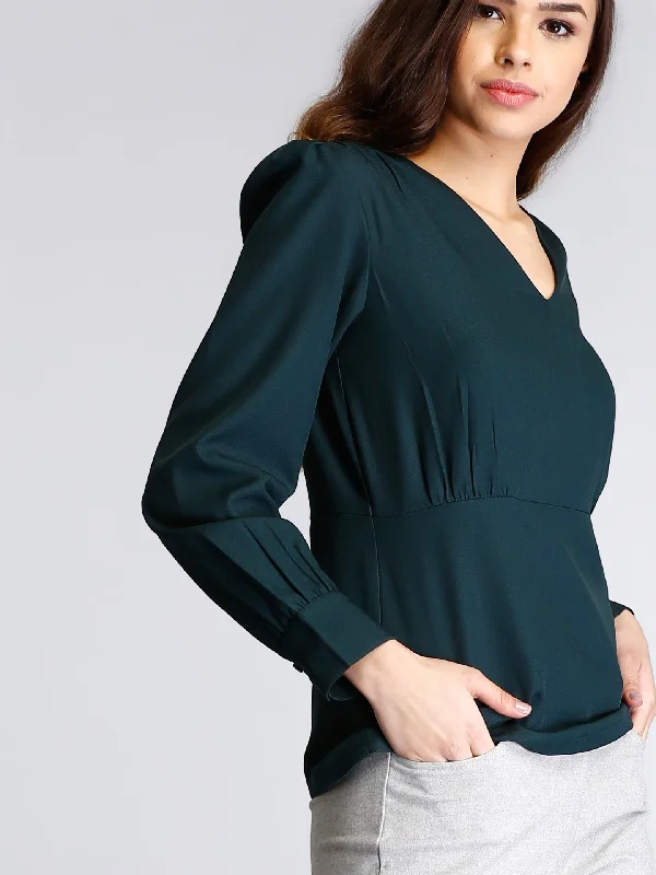 Modern Fashion Sale Empire Line Top With Gather Details - Bottle Green