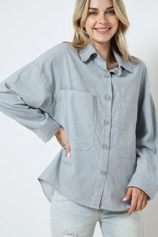 Must Haves HEATHER GREY COTTON COLLARED PATCH POCKET SHIRT TOP T7649