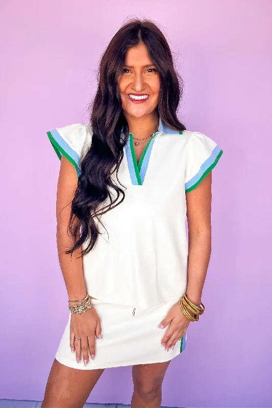 Summer Deals Blue/Green Striped Trim Cream Top & Skirt Set