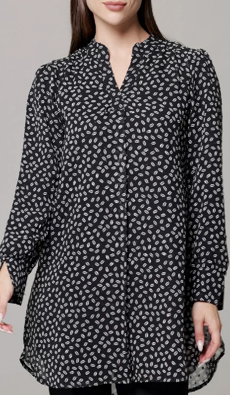 Chic Style, Always In Vogue Shaina Long Chiffon Print Modest Top - Black/White Dot