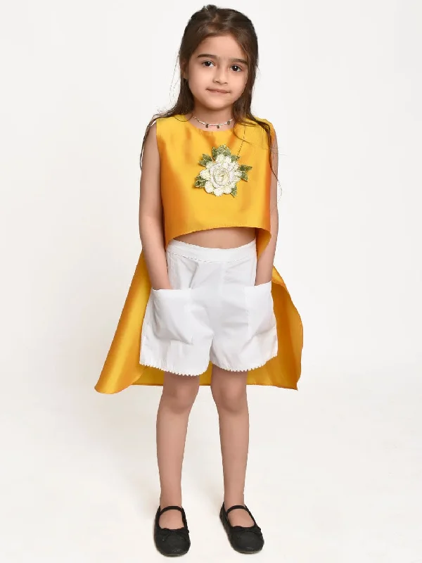 Discover Now Yellow Asymmetric Flower Emblished top and White shorts