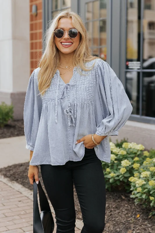 Find Your Unique Flair Denim Tie Detail Textured Top - FINAL SALE