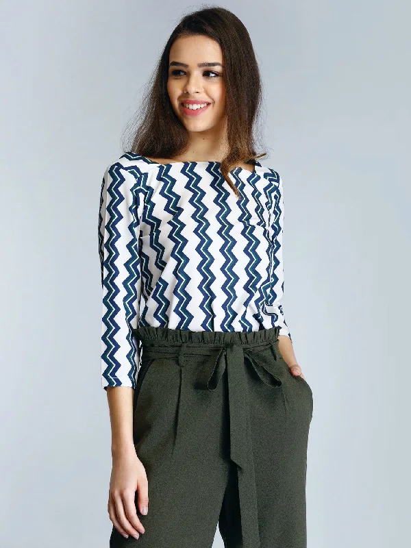 Fashion Deals Too Good To Pass Up Square Neck Geometric Print Top - White and Blue