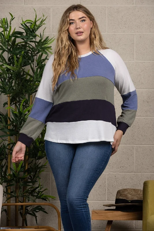 Trendy Fashion Sale BLUE GREY MULTI COLOR RAGLAN SLEEVE PLUS SIZE TOP PTY3195X