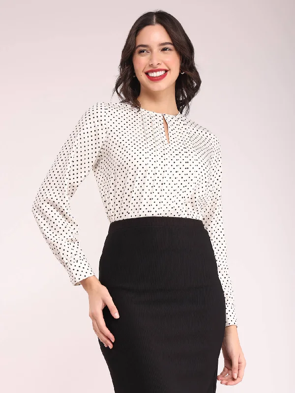 Top Picks At Markdown Prices Polka Print Pleat Detail Top - Off-White