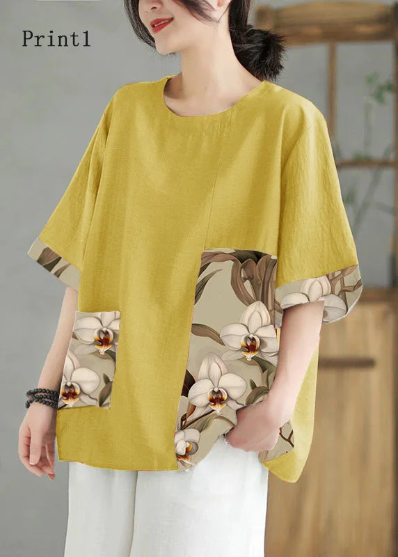 Break Fashion Norms Women Print1  O Neck Print Patchwork Linen T Shirt Top Summer