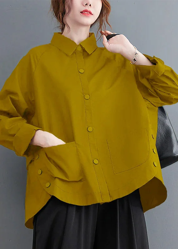 Fashion-Forward Offers Yellow Patchwork Cotton Shirt Top Oversized Pockets Fall