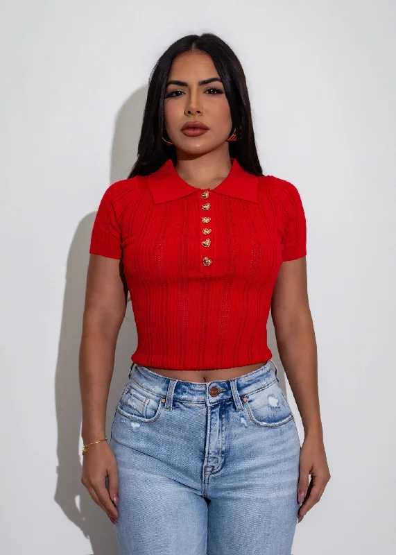Upgrade Your Wardrobe For Less Elegant Essentials Knit Polo Long Top Red