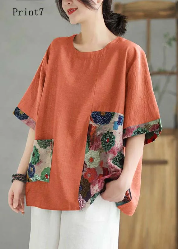 Limited Stock, Unlimited Style Women Orange O Neck Print Patchwork Linen T Shirt Top Summer Limited Stock, Unlimited Style Women Orange O Neck Print Patchwork Linen T Shirt Top Summer