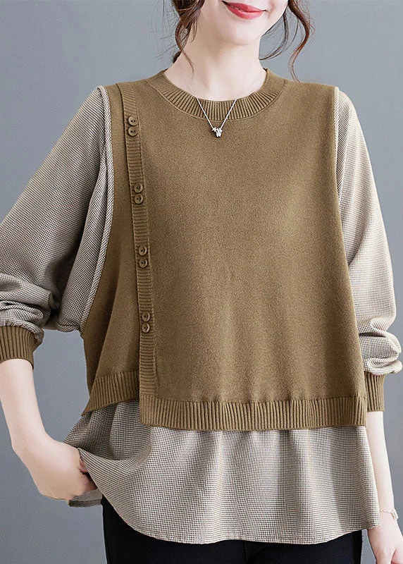 Stock Up On Your Favorites While It Lasts Modern Camel O-Neck Knit Patchwork Top Fall Stock Up On Your Favorites While It Lasts Modern Camel O-Neck Knit Patchwork Top Fall