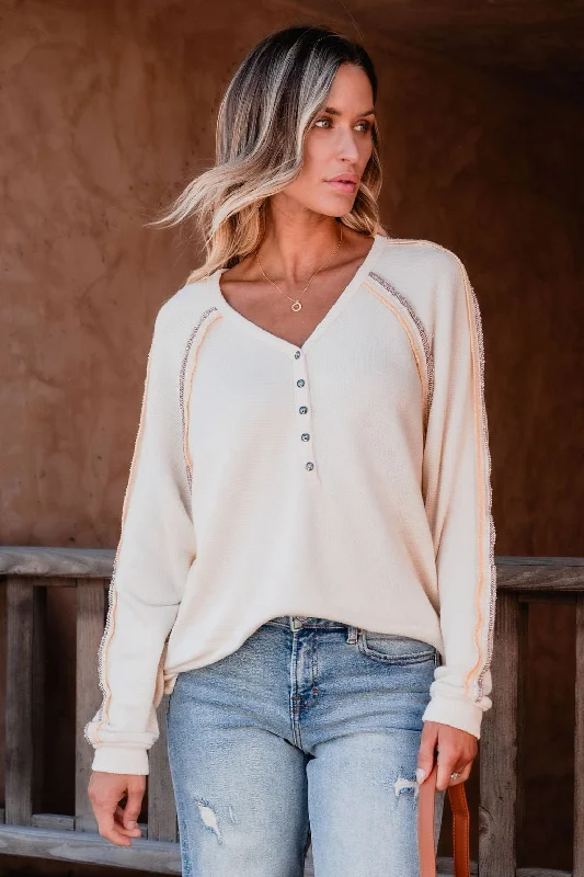 Dive Into Trendy Styles Ivory V Neck Button Up Top - FINAL SALE