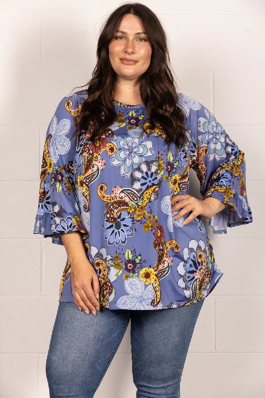 Modern Chic Discounts BLUE PAISLEY PRINT RAGLAN 3/4 SLEEVES PLUS SIZE TOP TP2017