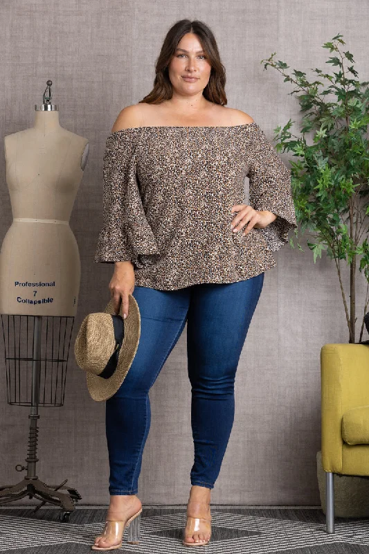Special Offers, Don't Miss BROWN ANIMAL PRINT OFF THE SHOULDER FLARED SLEEVE PLUS SIZE TOP T806