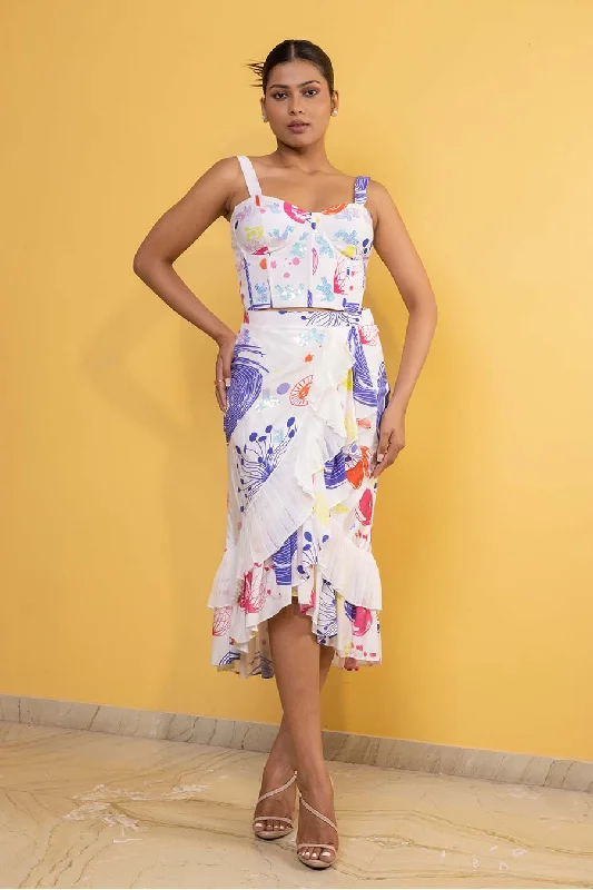 Chic Style, Always In Vogue White Bubble Printed Corset Top & Ruffle Skirt Co-Ord Set