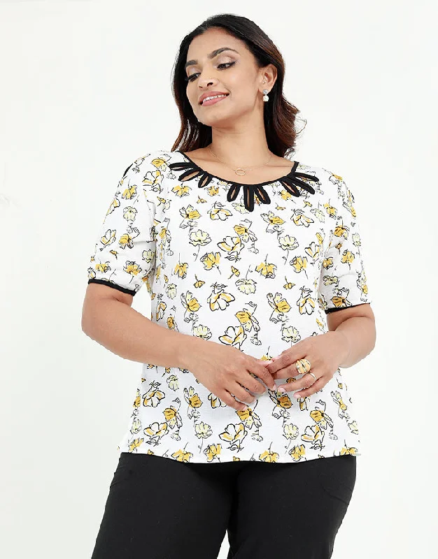 Essentials On Sale Printed Top with Contrasting Piping Detail