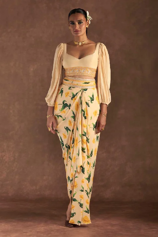 Fashion Forward Vanilla Poppy Petal Embellished Top & Drape Skirt Set