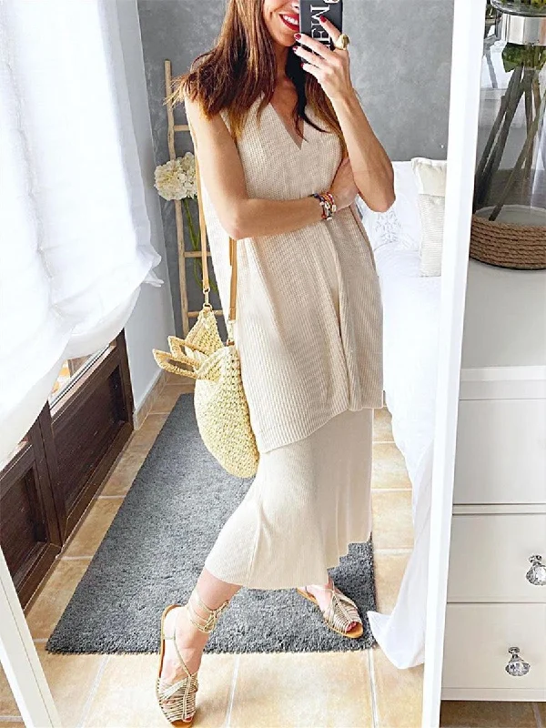 Style Breakthroughs Simple Casual Loose V Neck Top Skirt Suit