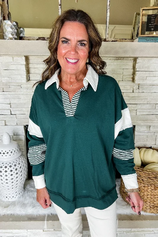 Big Savings On Trendy Styles Hunter Green Collared Striped Varsity Style Top