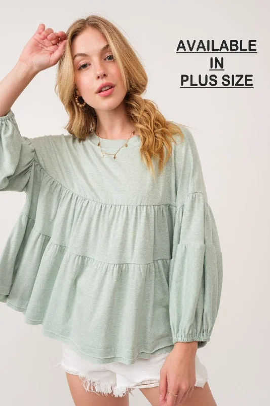 Refined Fashion Sale MINT TIERED BALLOON SLEEVES RAW EDGE PLUS SIZE TOP PTU13571SA