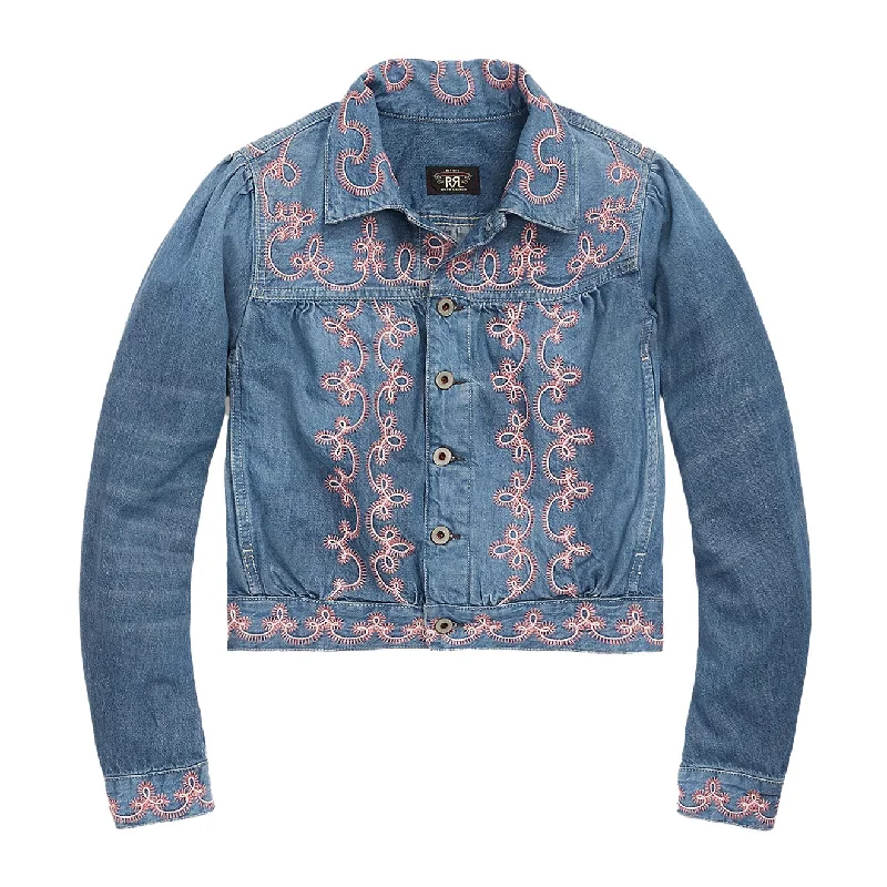 Modern Women's Apparel RRL by Ralph Lauren Womens Martine Trucker Jacket Blue / Pink Modern Women's Apparel RRL by Ralph Lauren Womens Martine Trucker Jacket Blue / Pink