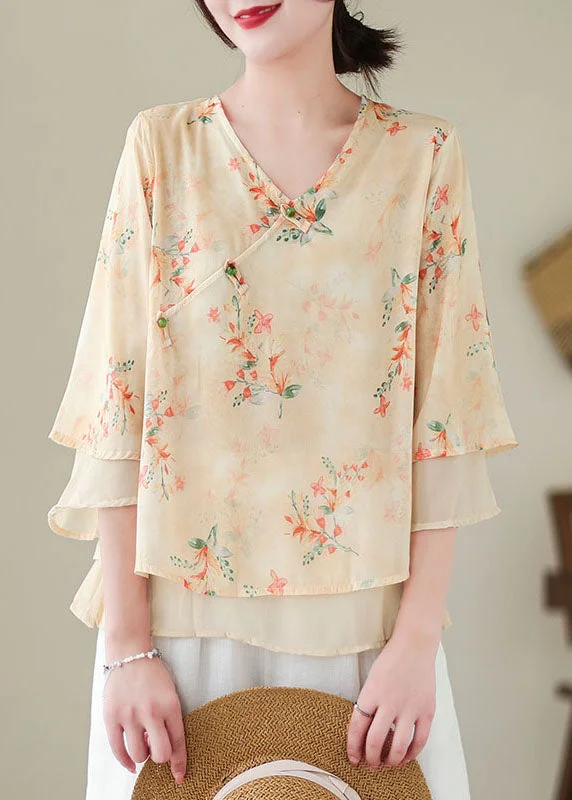 The Good Stuff Vintage Apricot V Neck Print Patchwork Chiffon Shirt Top Summer
