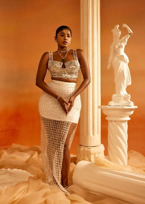 Luxury Fashion Cher & Cora Silver Metallic Crop Top + White Square Net Skirt with Side Slit
