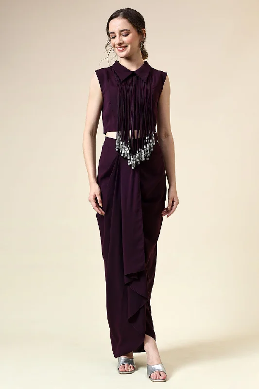 Evening Elegance Purple Fringe Embellished Top & Skirt Co-Ord Set