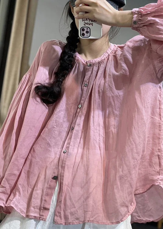 Holiday Attire Sale Plus Size Pink O Neck Button Patchwork Cotton Shirt Top Spring