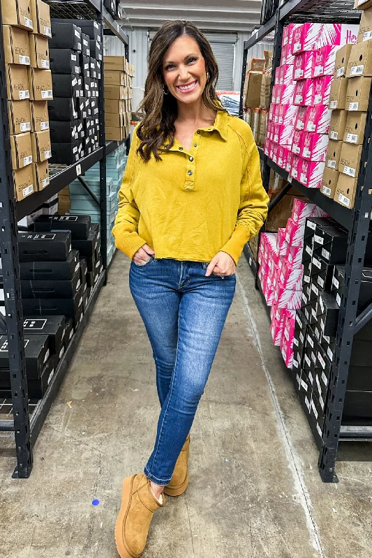 Special Offer For You Cropped Acid Wash Button Up Top in Mustard